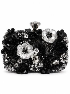 Elegant Black & Silver Floral Sequin Evening Clutch